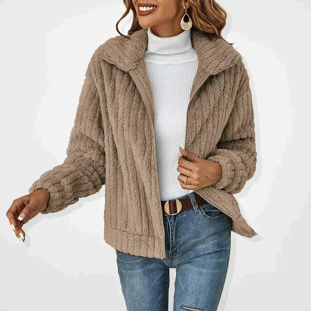 Women's khaki ribbed teddy zip jacket