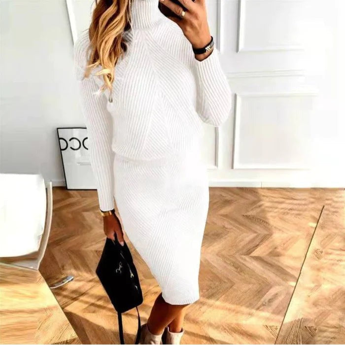Women's ribbed turtleneck knit dress in white