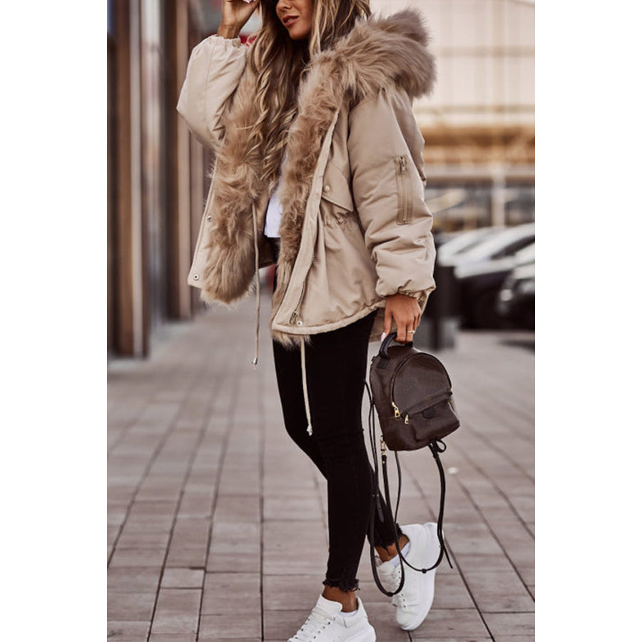 Women's Short Hooded Parka with Fluffy Hood Trim for Winter Days
