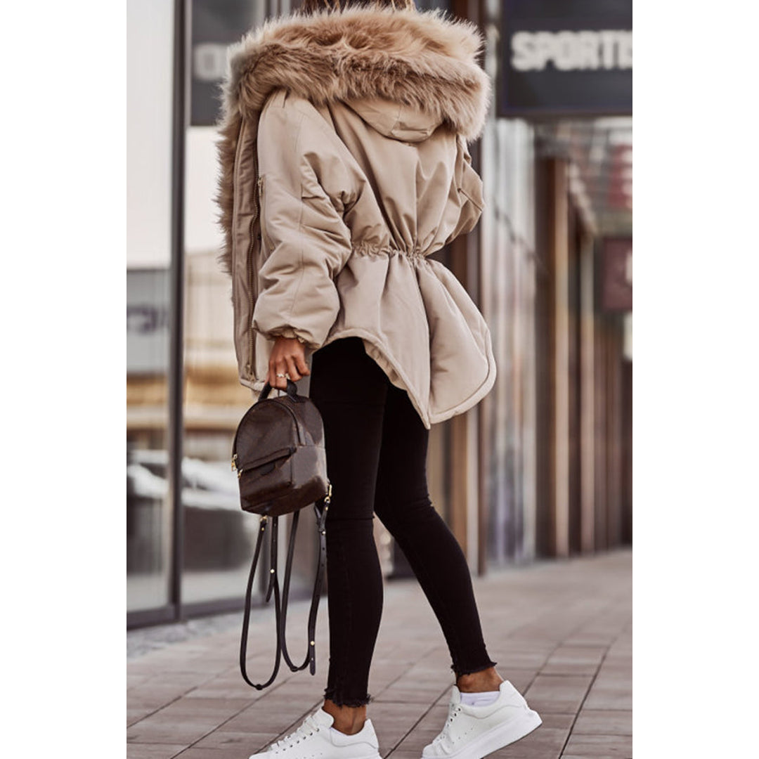 Women's beige short parka – back view