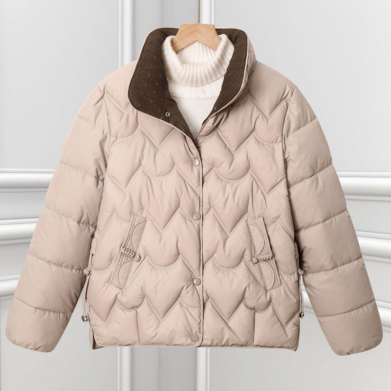Women's short quilted jacket with stand collar in khaki
