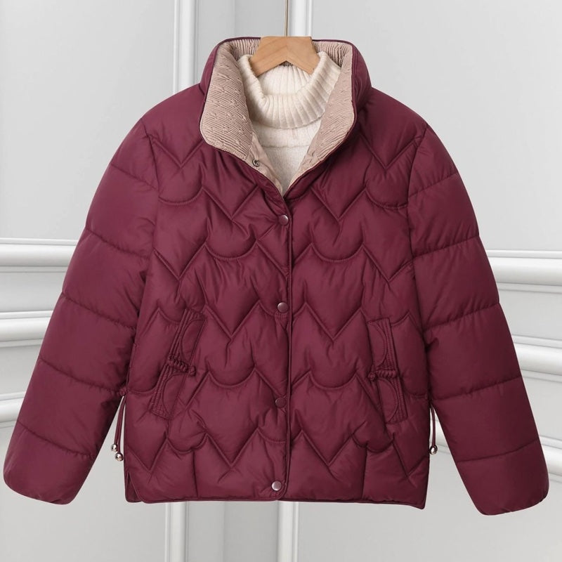 Women's short quilted jacket with stand collar in dark red