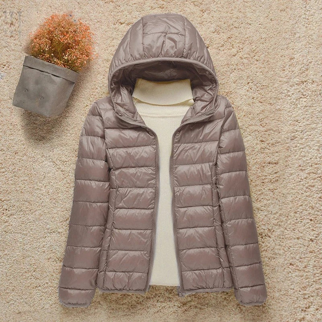 Women's taupe slim quilted puffer jacket with hood