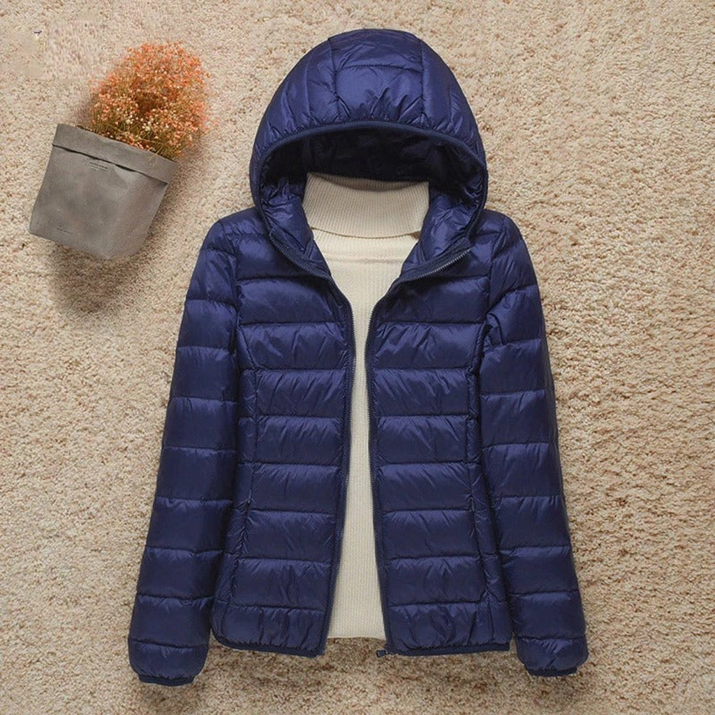 Women's navy blue quilted hooded puffer jacket
