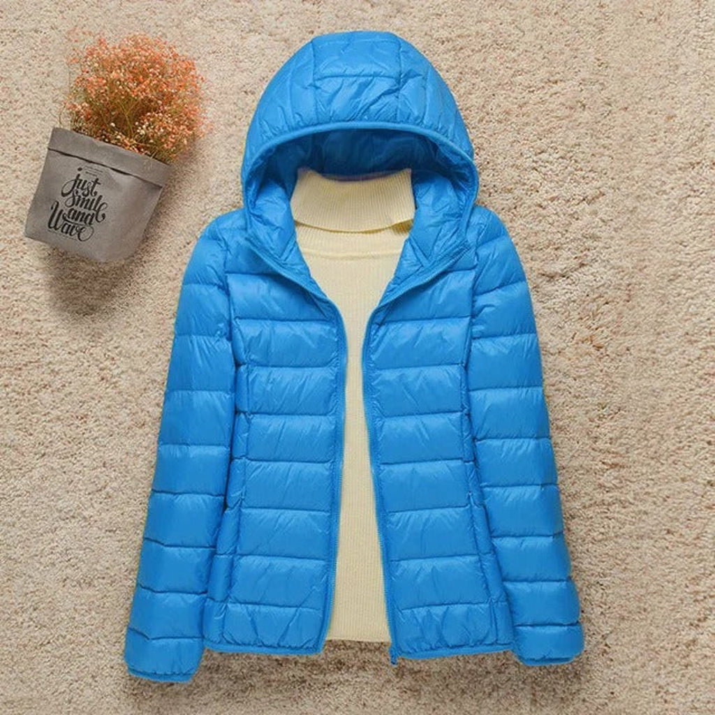 Women's light blue slim puffer jacket