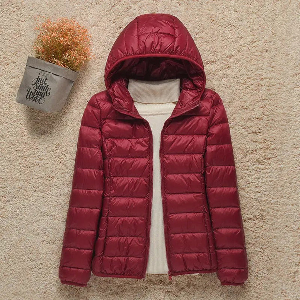 Women's burgundy slim puffer jacket