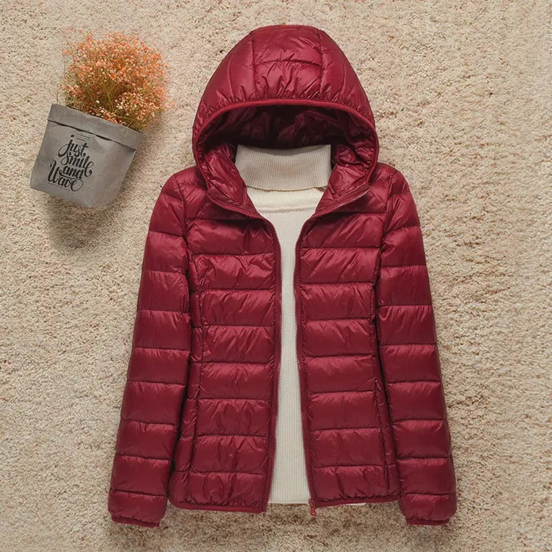 Women's burgundy slim puffer jacket