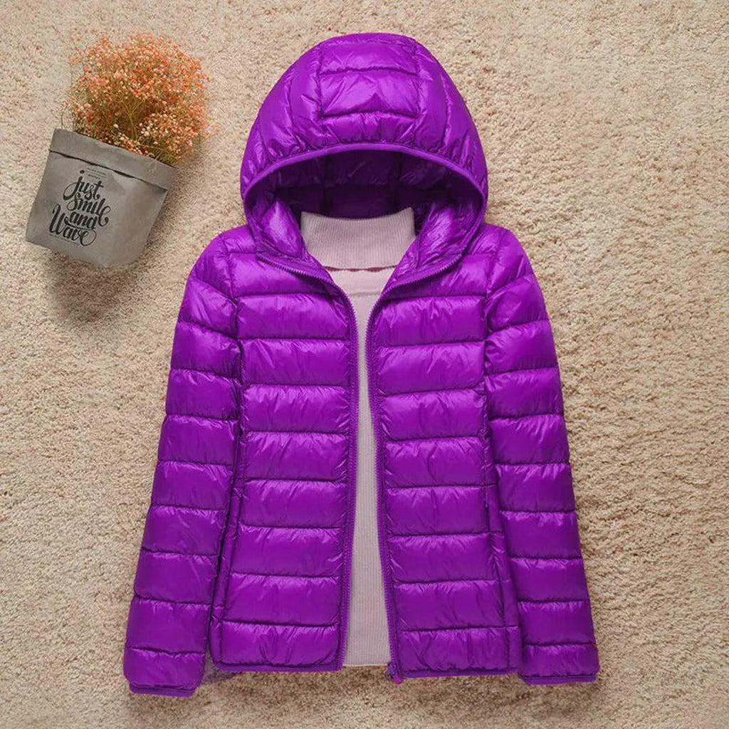Women's purple quilted hooded puffer jacket