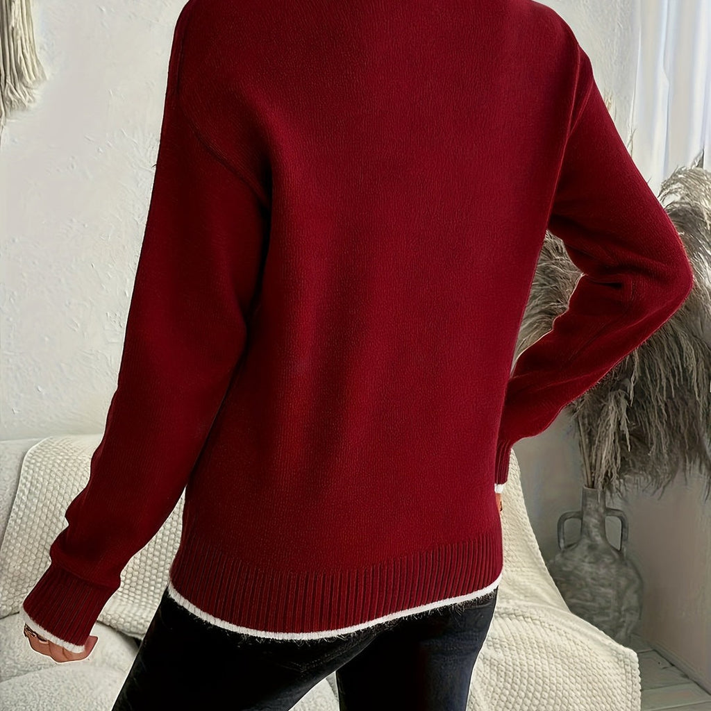 Women's snowflake crew neck sweater in burgundy, back view
