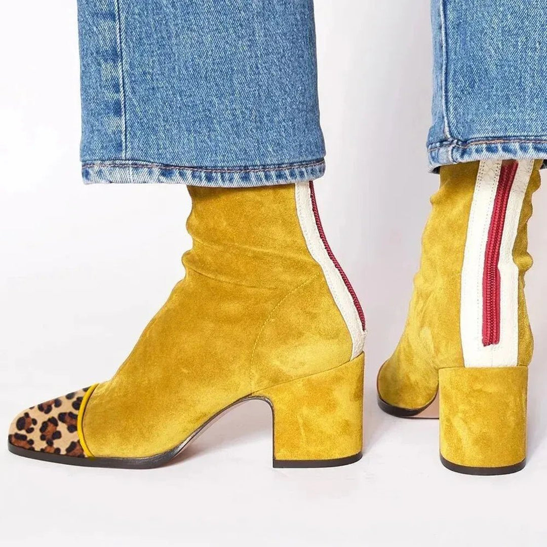 Women's yellow ankle boots with leopard toe cap