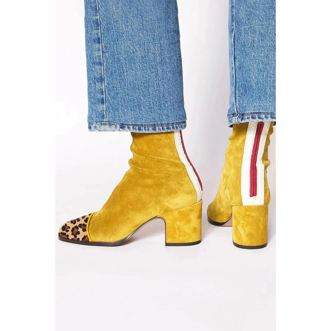 Women's yellow block heel ankle boots – side view