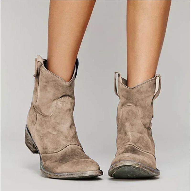 Women's suede-look western ankle boots with low heel in brown