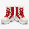 Women's red and cream lace-up snow boots with fluffy lining