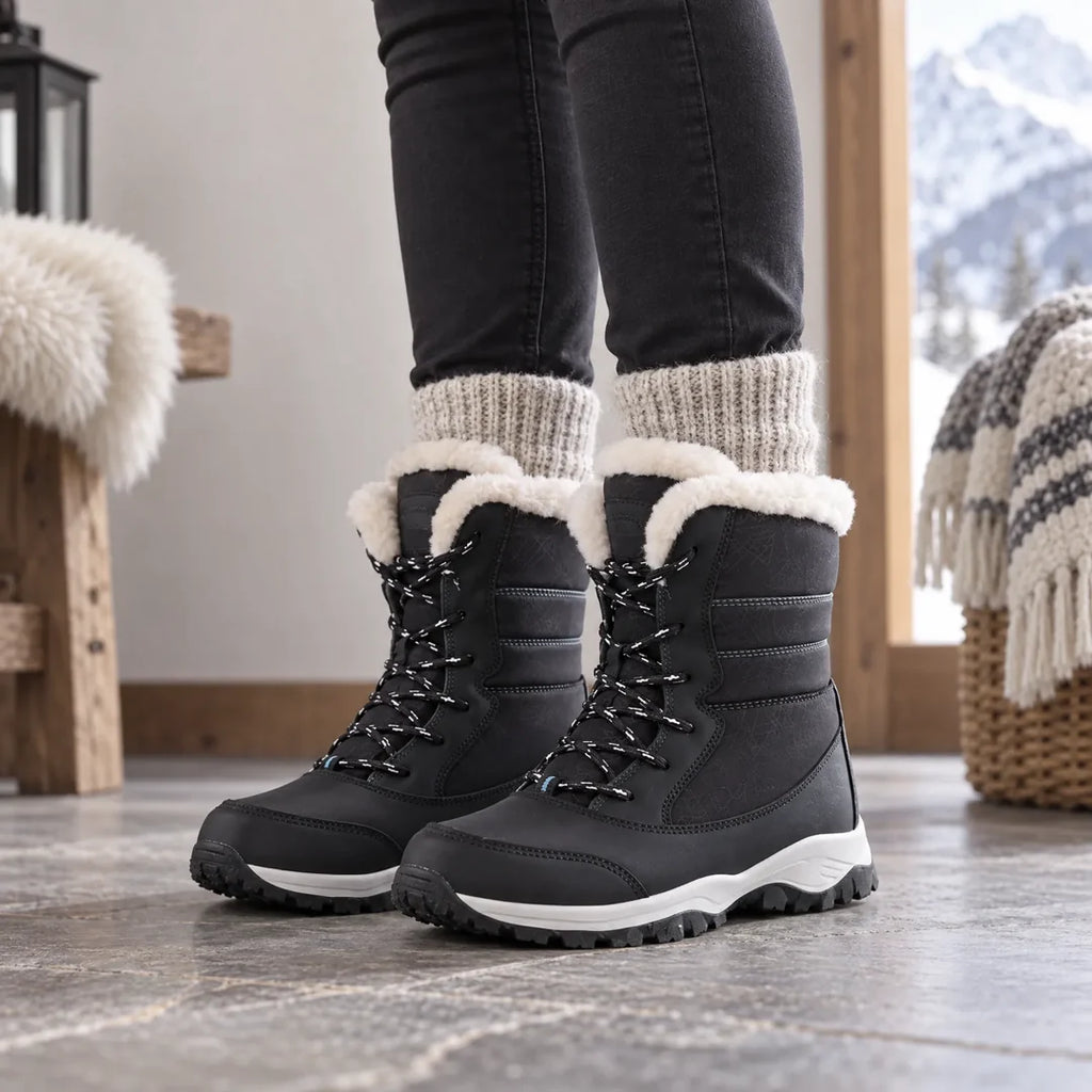 Woman wearing black snow boots indoors
