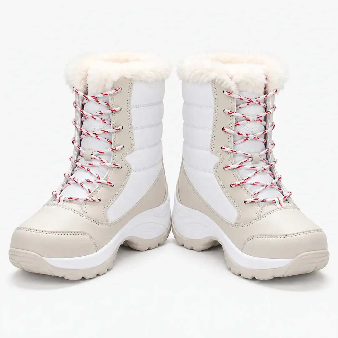 Women's beige lace-up snow boots with pink laces
