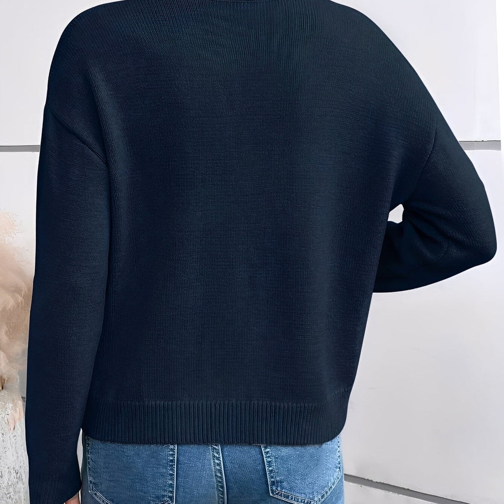 Women's v-neck sweater with lace trim in navy blue, back view