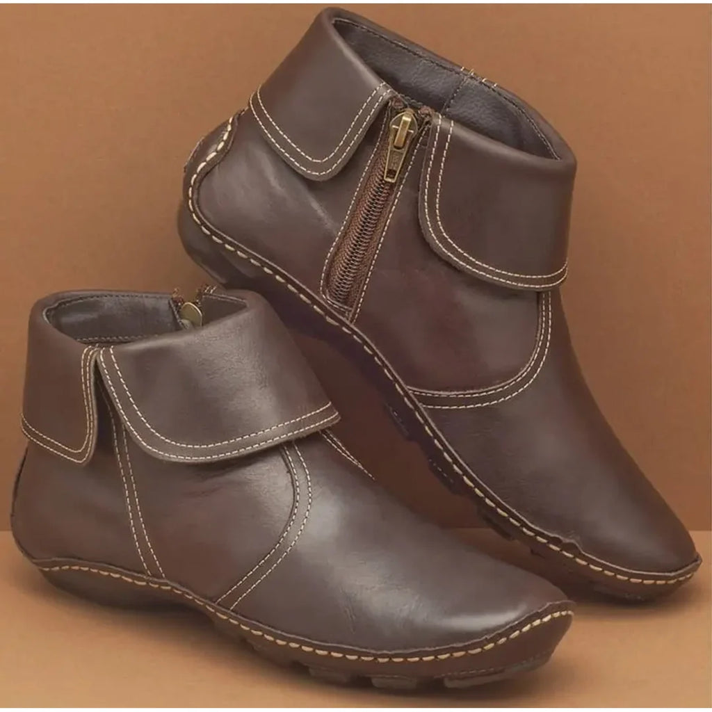 Women's dark brown fold-over ankle boots with zip