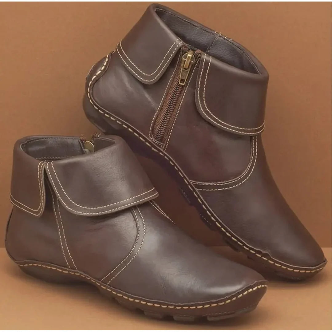 Women's dark brown fold-over ankle boots with zip