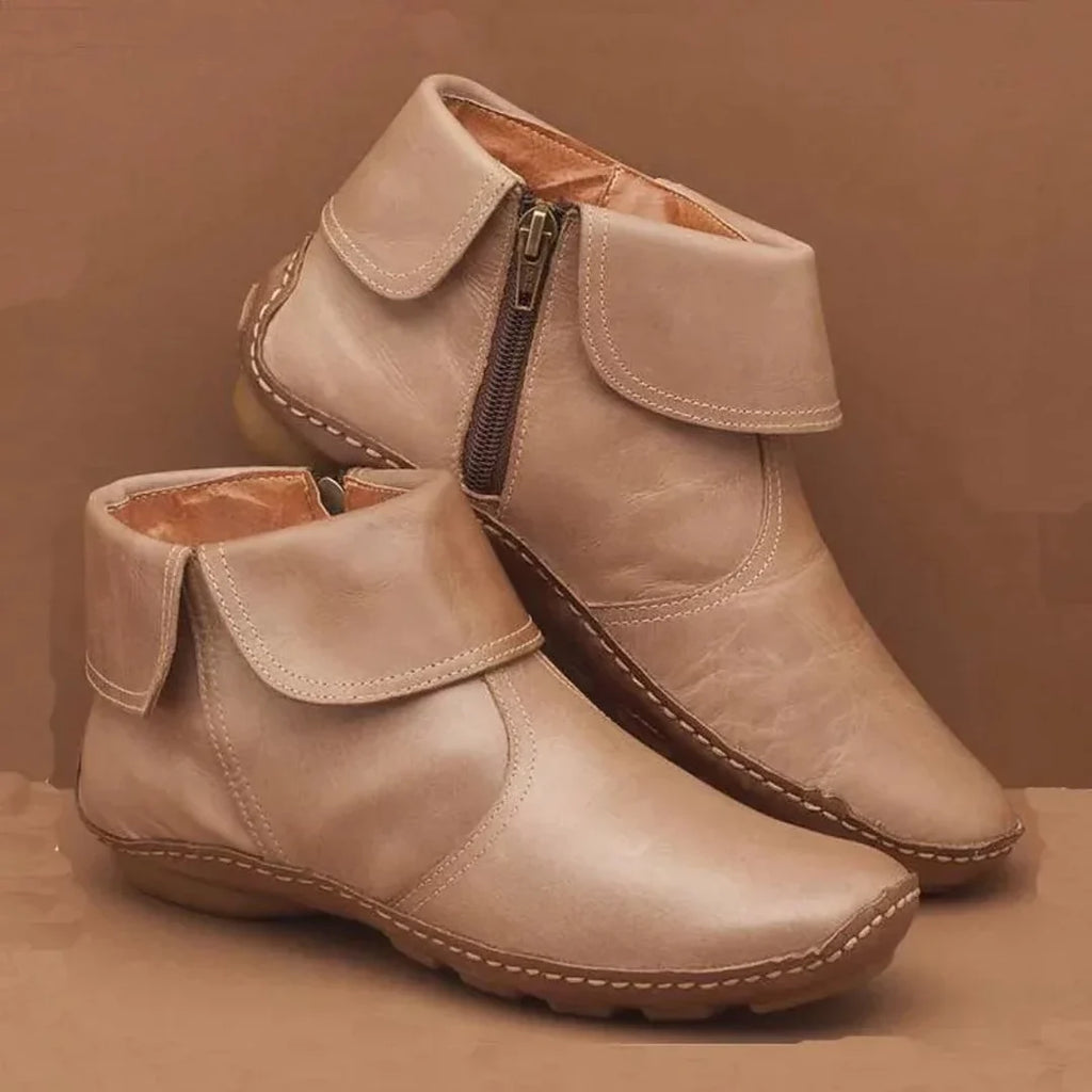 Women's beige vintage ankle boots with zip