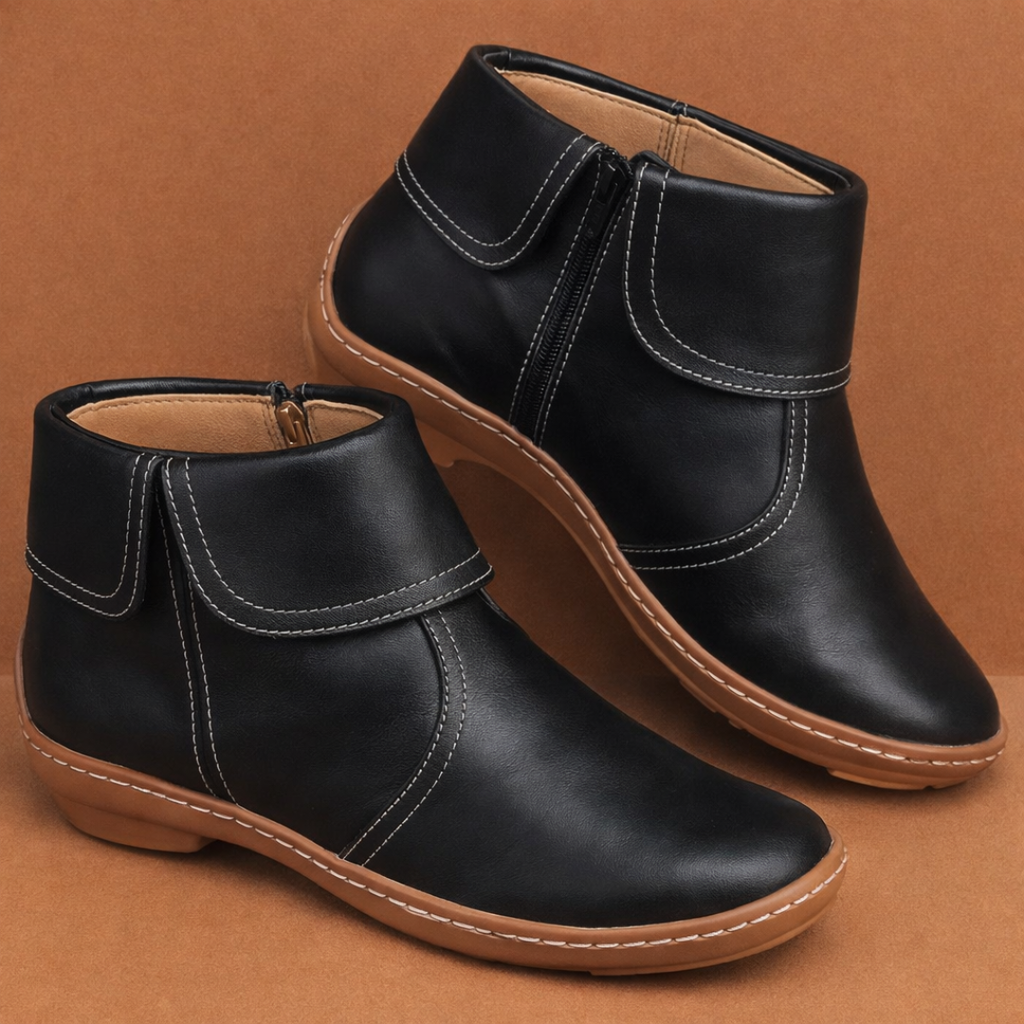 Women's black fold-over ankle boots with side zip