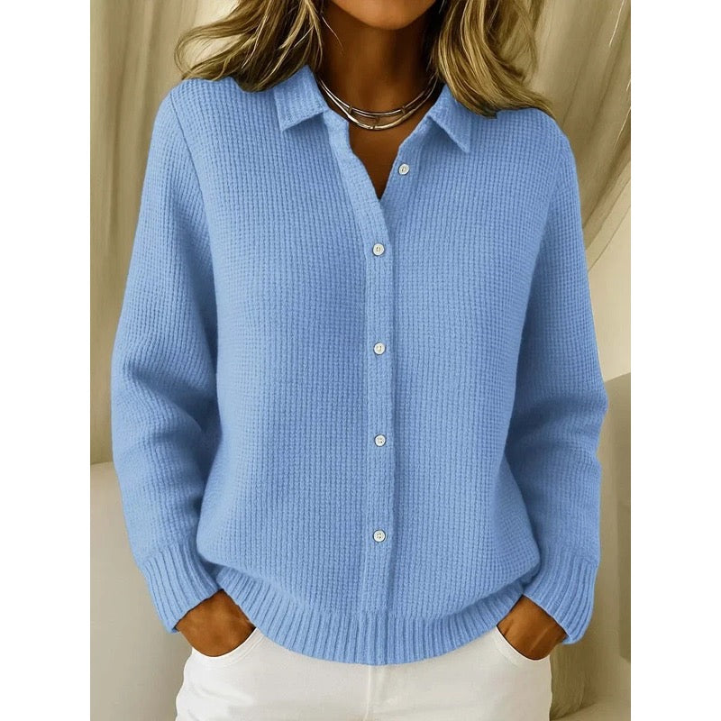 Women's waffle knit shirt-collar cardigan in blue