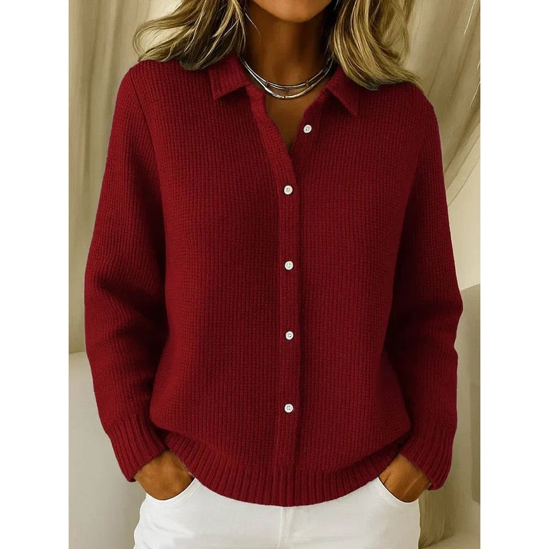 Women's waffle knit shirt-collar cardigan in dark red