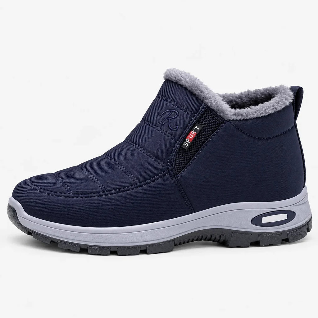 Women's navy blue winter ankle boot with fluffy collar