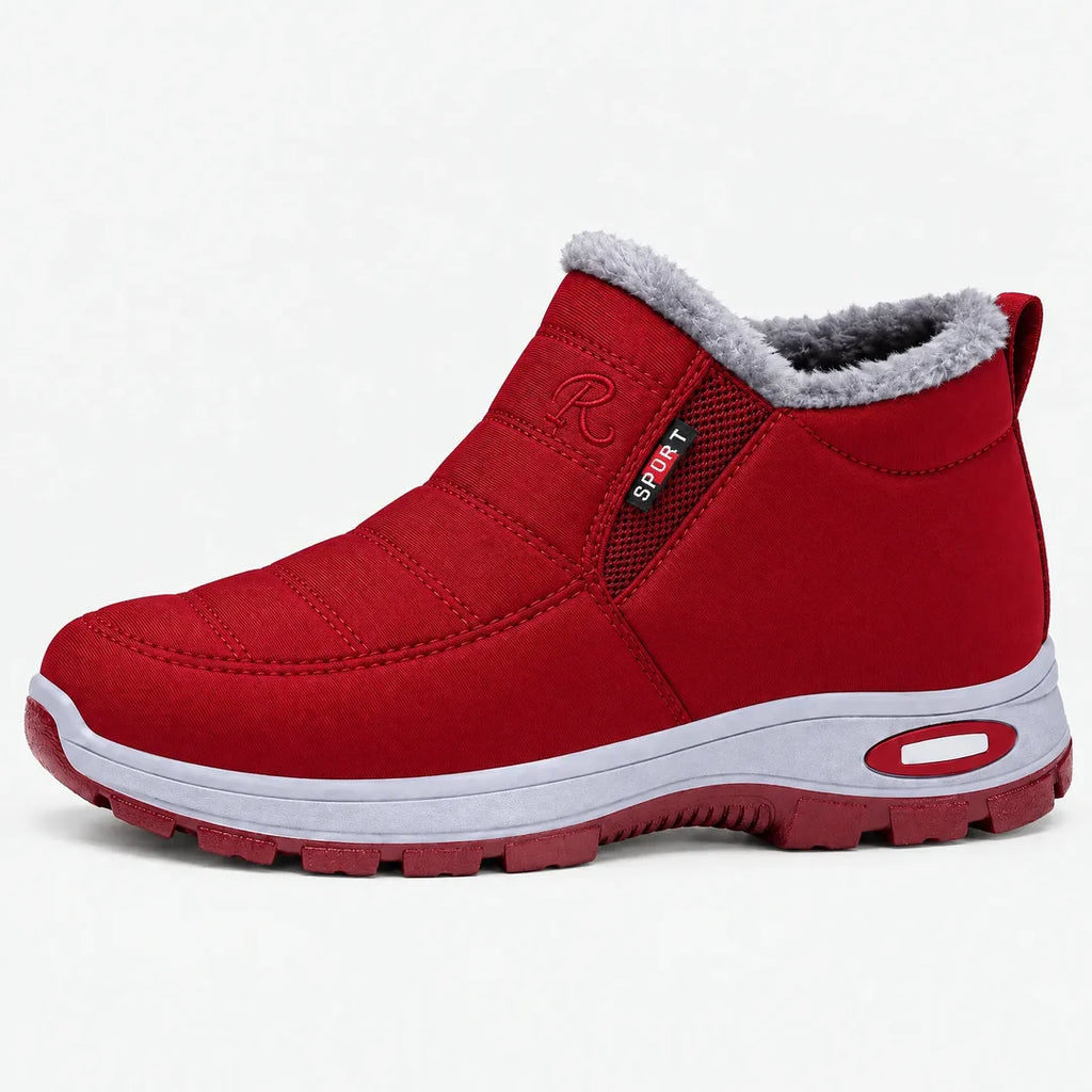 Women's red winter ankle boot with fluffy collar