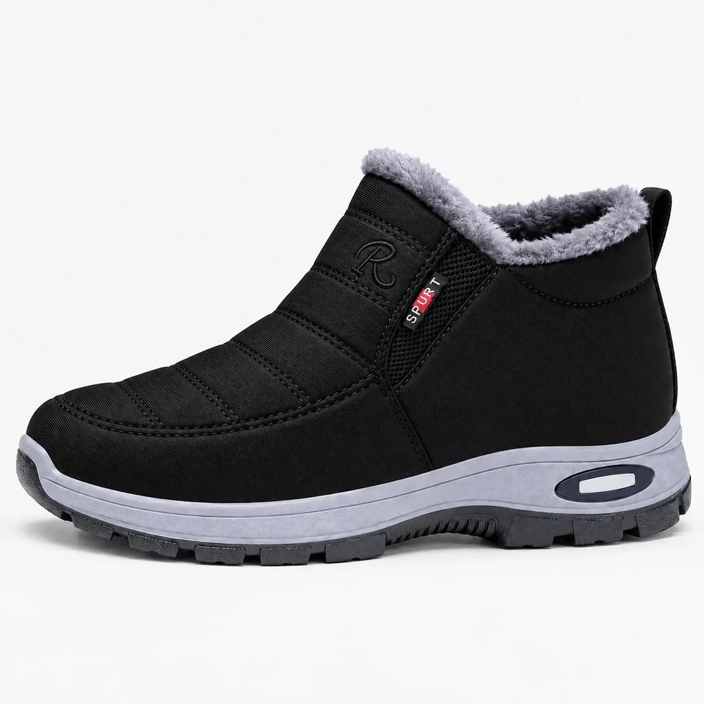 Women's black winter ankle boot with fluffy collar