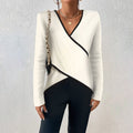 Women's cream wrap-front sweater with black contrast trim