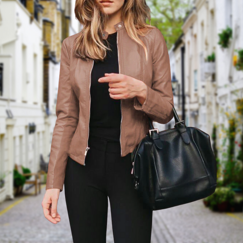 Women's zip-front biker jacket in beige