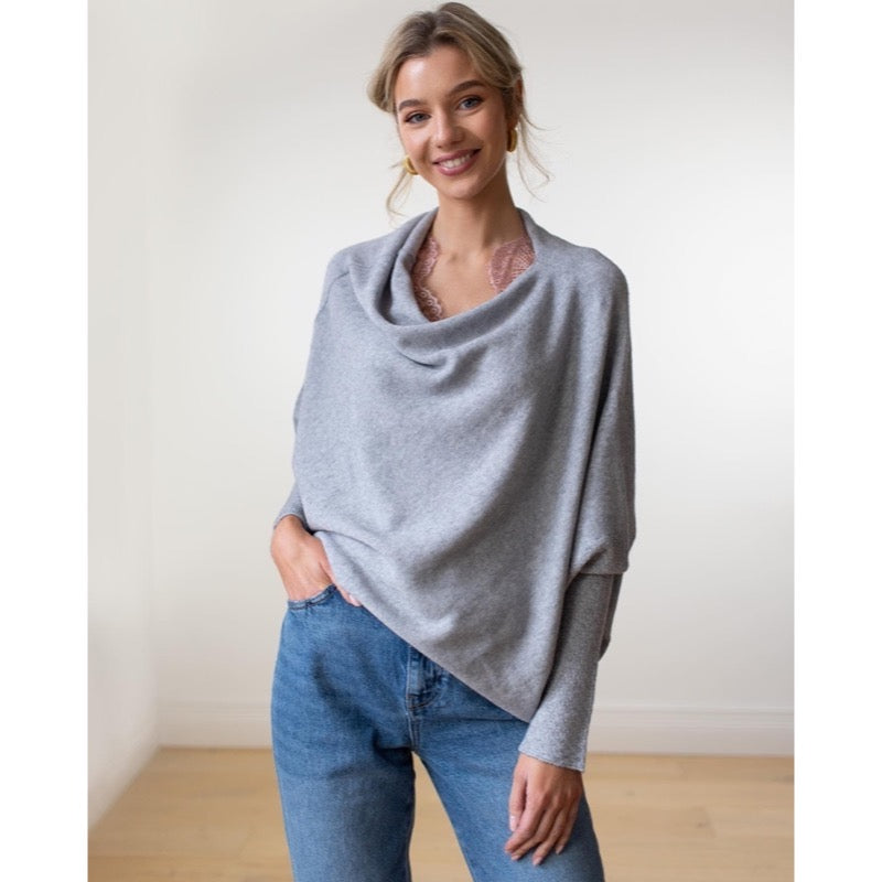 Light grey draped knit top with jeans