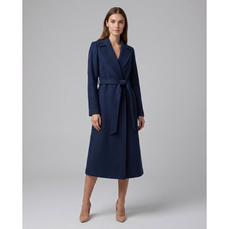Women's navy blue belted long coat tied at the waist – front view