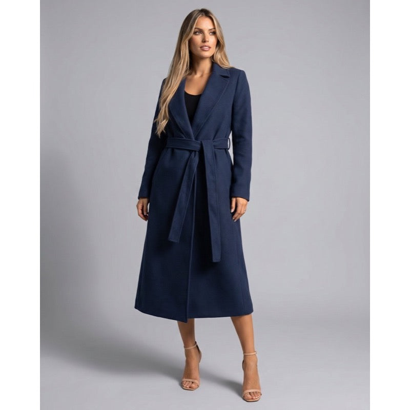 Navy blue long coat with waist tie belt and notched lapels