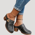 Women's black block heel clog mules with jeans