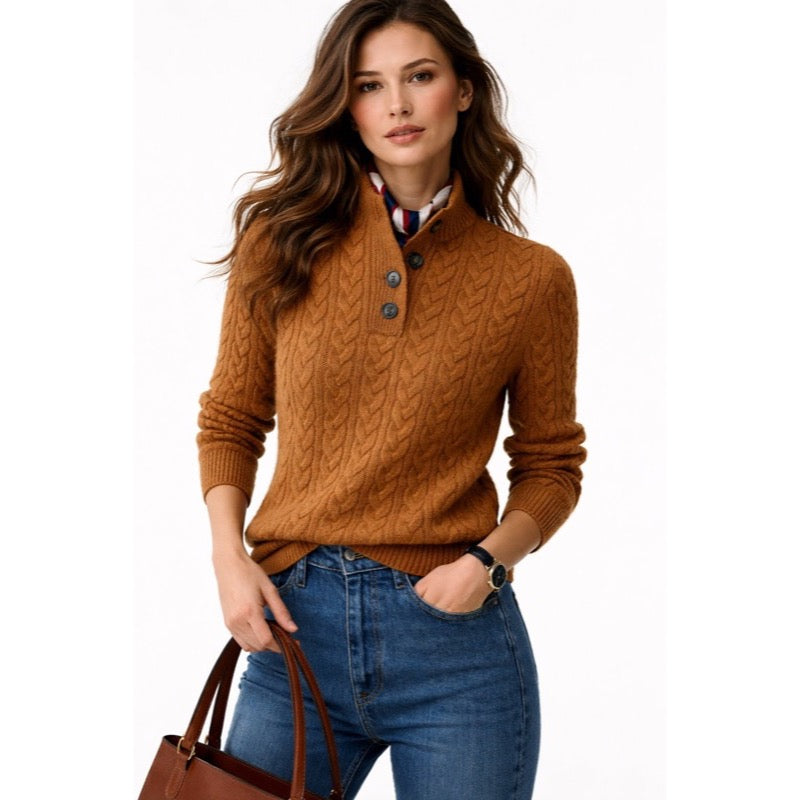 Women's Cable Knit Sweater with Button High Neck for Autumn Winter