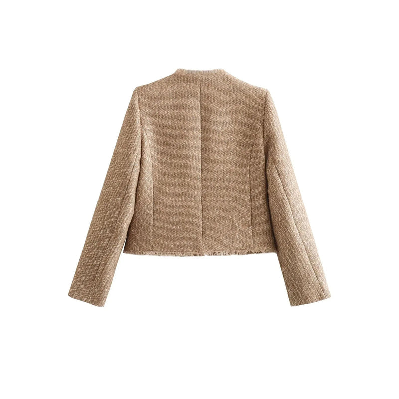 Khaki cropped tweed jacket – back view