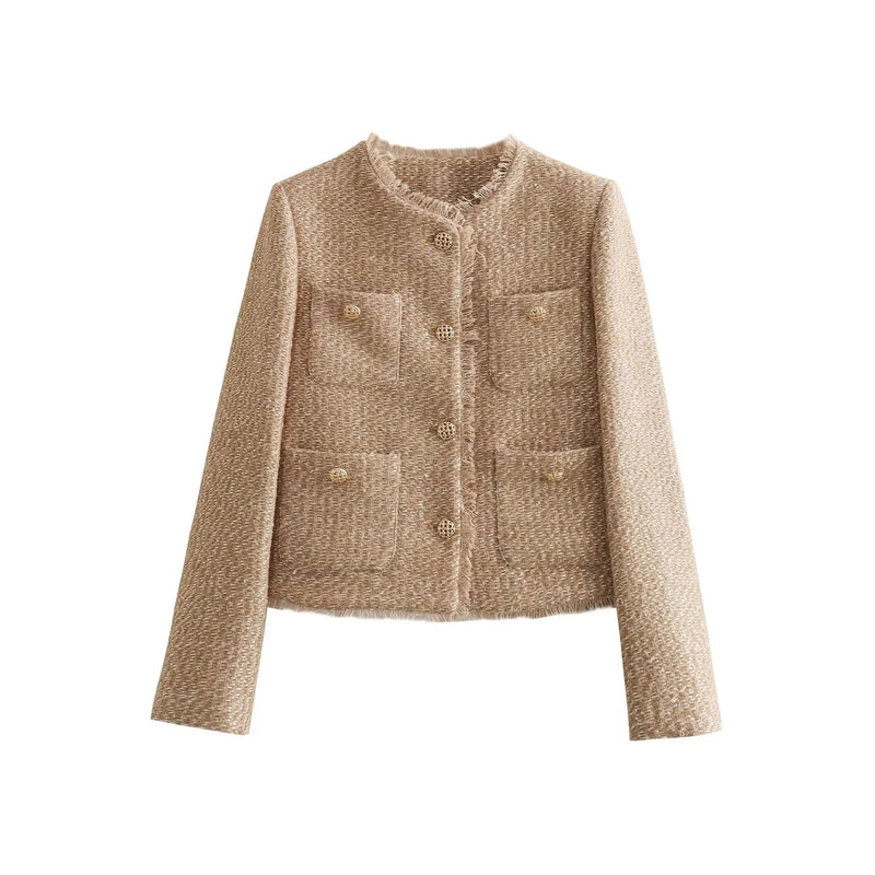 Khaki cropped tweed jacket with button front – front view