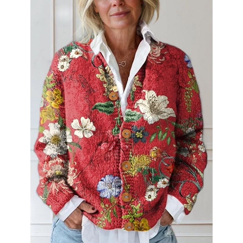 Women's Floral Print Button Cardigan with Relaxed Fit for Office and Weekend