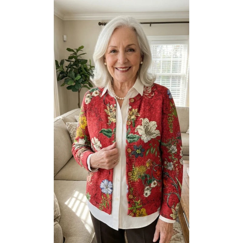Woman in a red floral cardigan with a white blouse