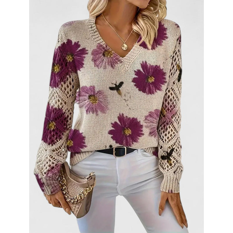 Purple floral V-neck knit sweater – front view