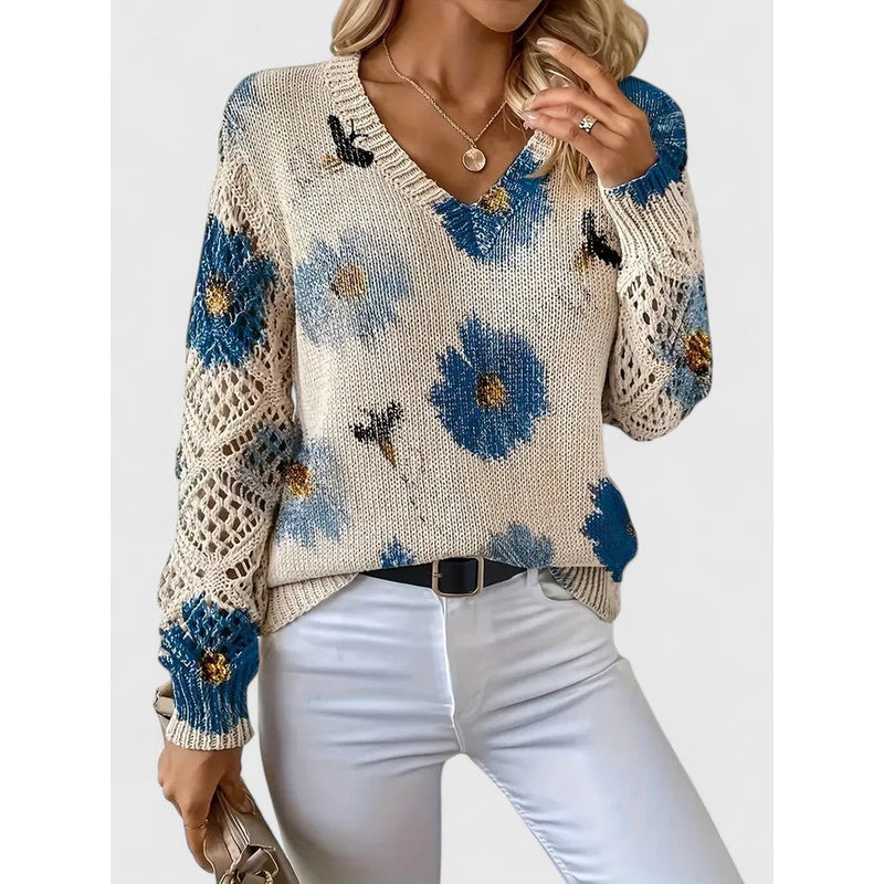 Blue floral V-neck knit sweater – side view