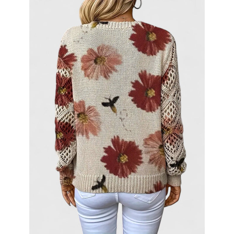 Red floral V-neck knit sweater – back view
