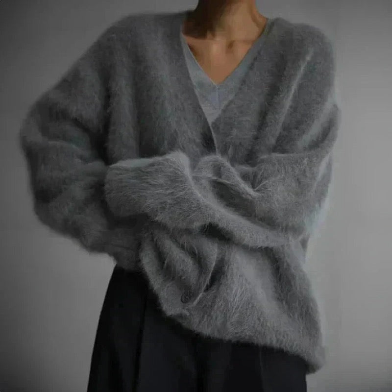 Dark grey fluffy cardigan – close-up of the texture