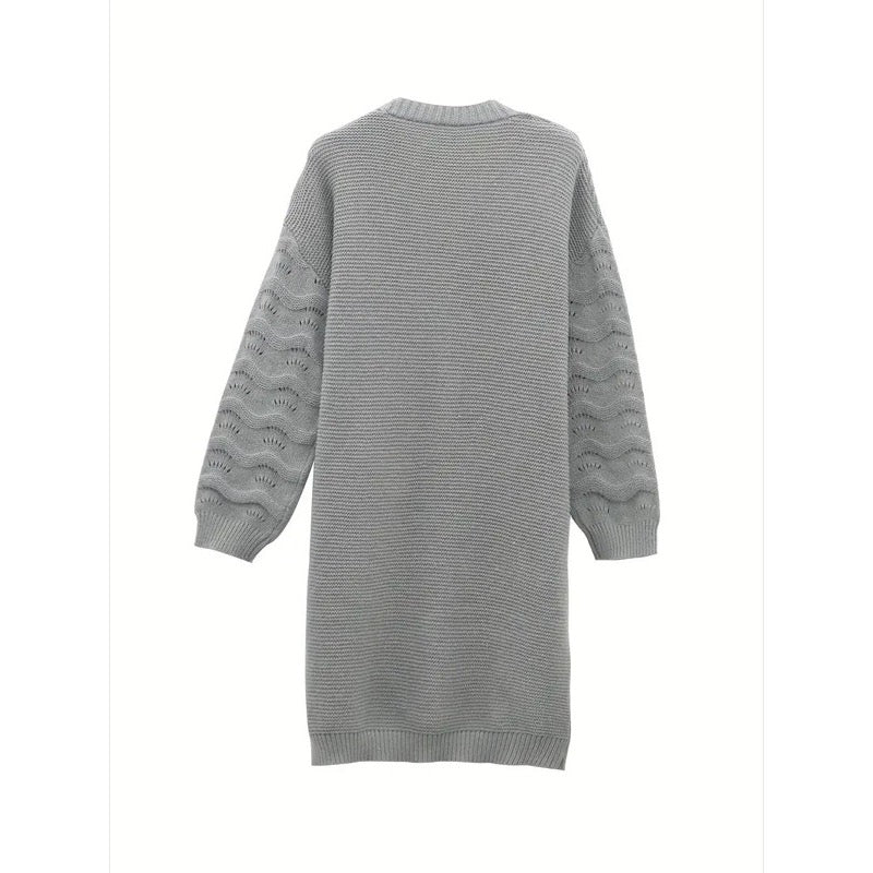 Long grey cardigan with textured sleeves – back view