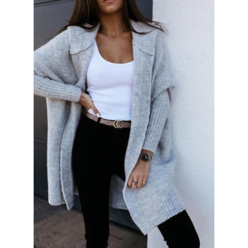 Light grey longline shawl cardigan with fitted ribbed sleeves