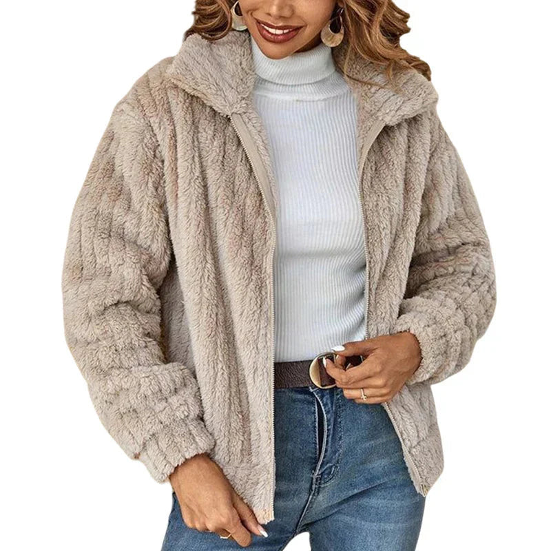 Beige plush zip-up jacket – full front view