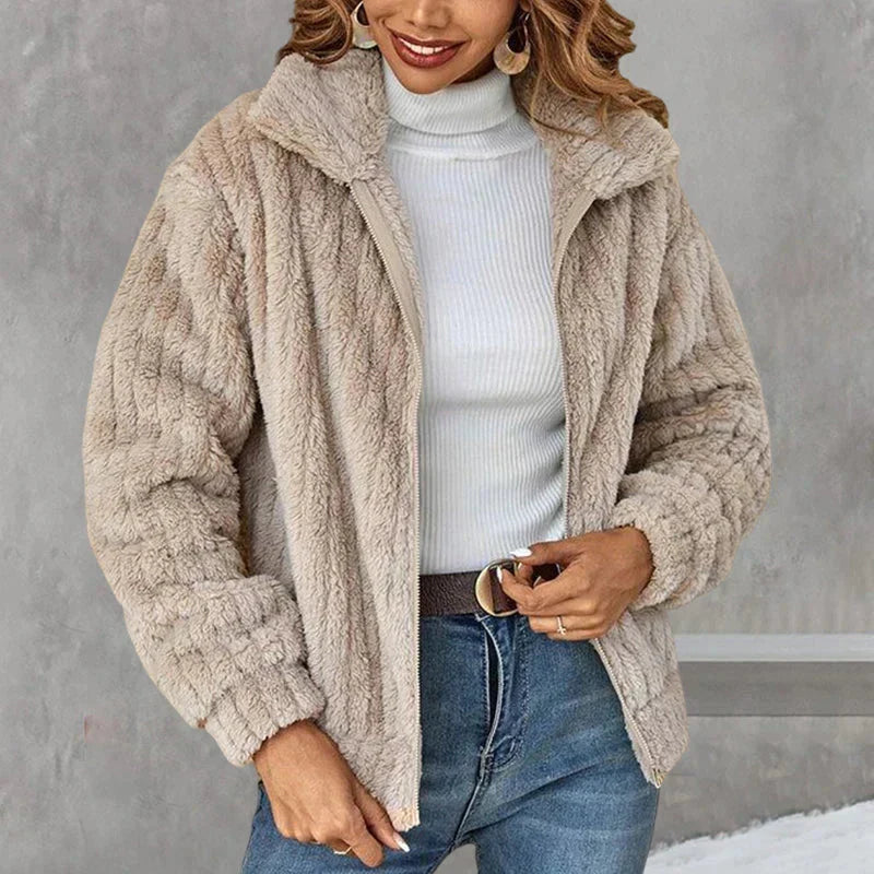 Beige plush jacket with high collar – front view
