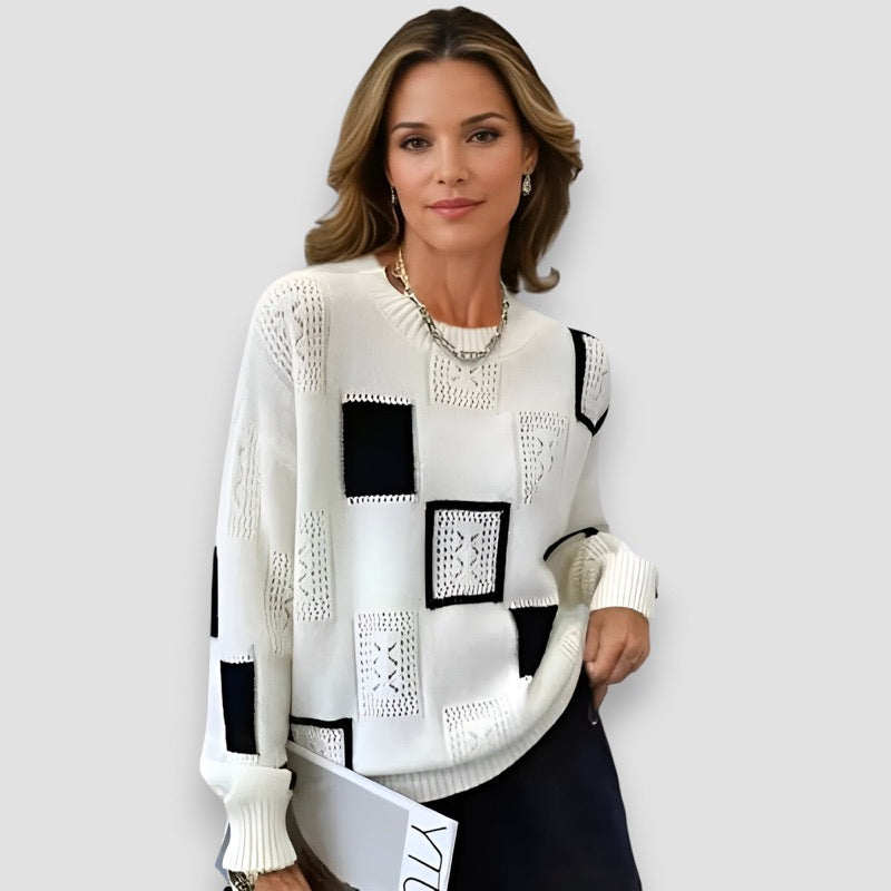 White patchwork print sweater – front view