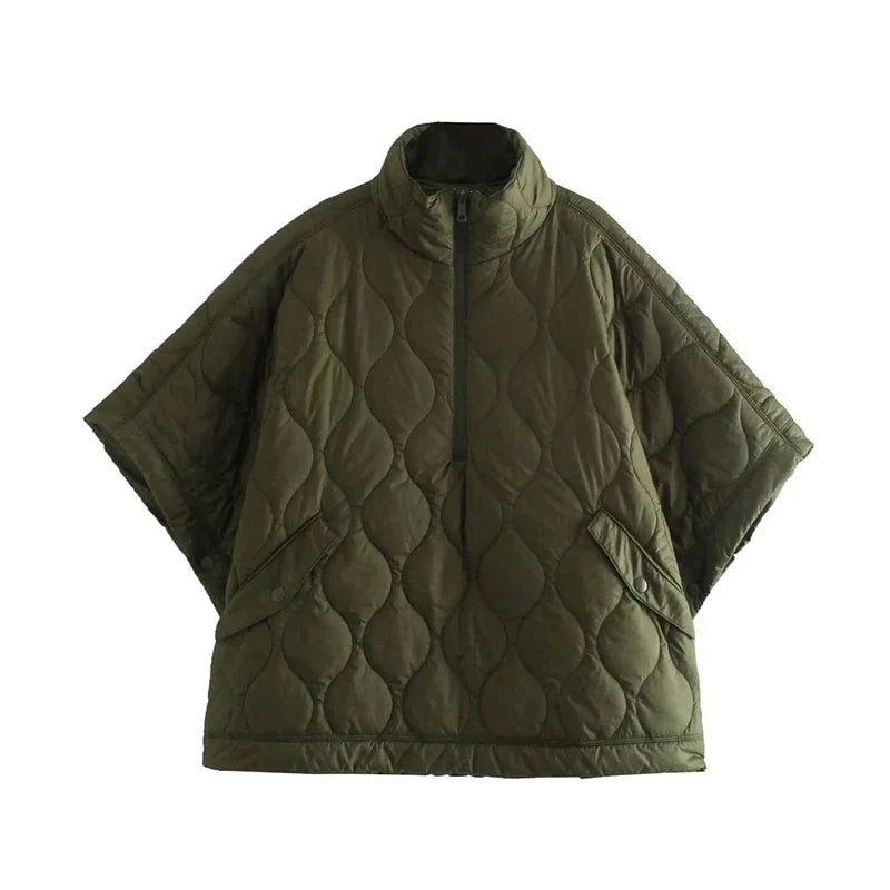 Olive green quilted cape jacket with stand collar – front product view
